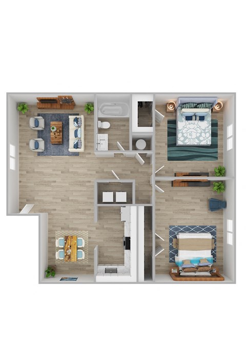 Floor plan for 2 beds, 1 bath, 930 sqft